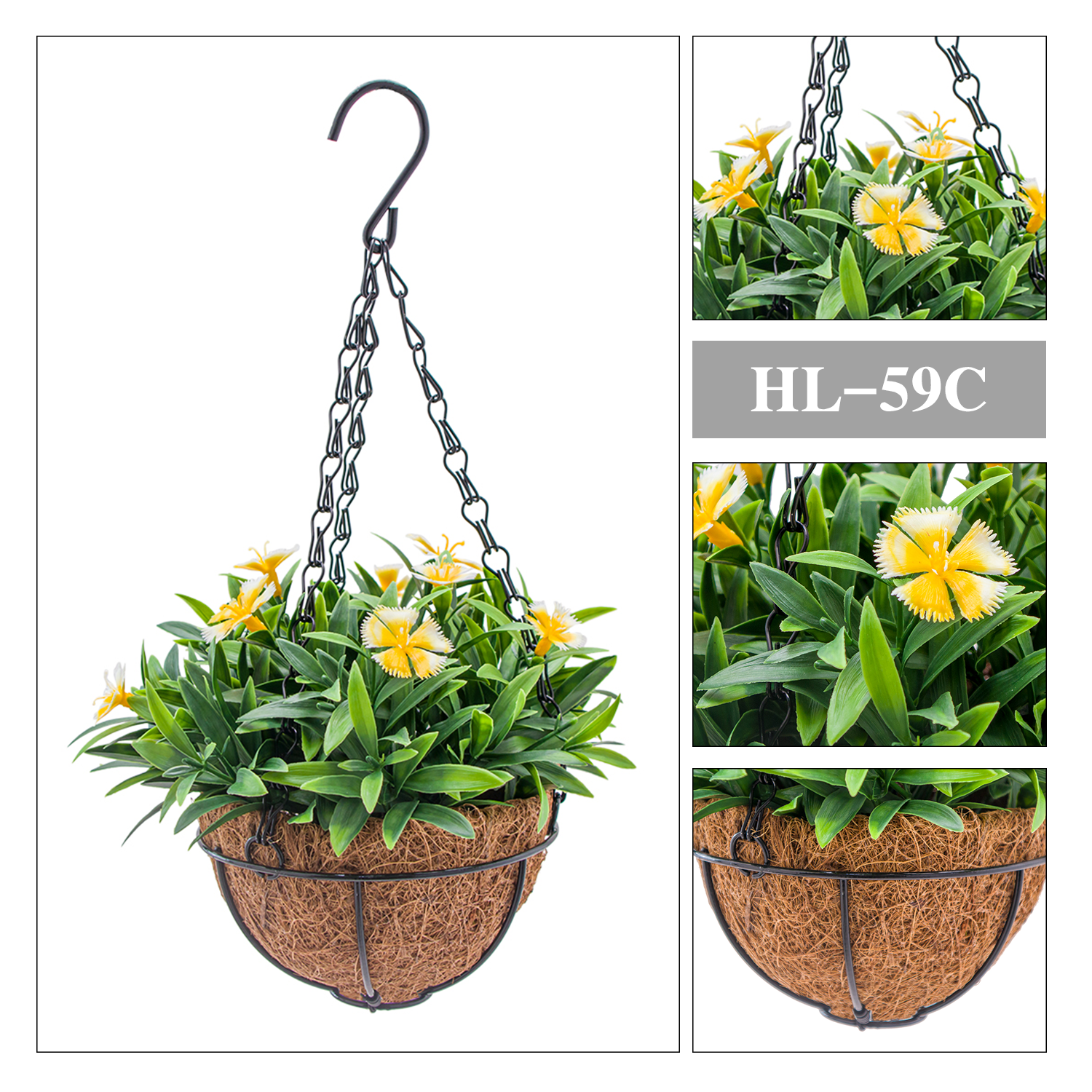 Artificial Yellow Flower Hanging Basket Plant With Coconut Liner