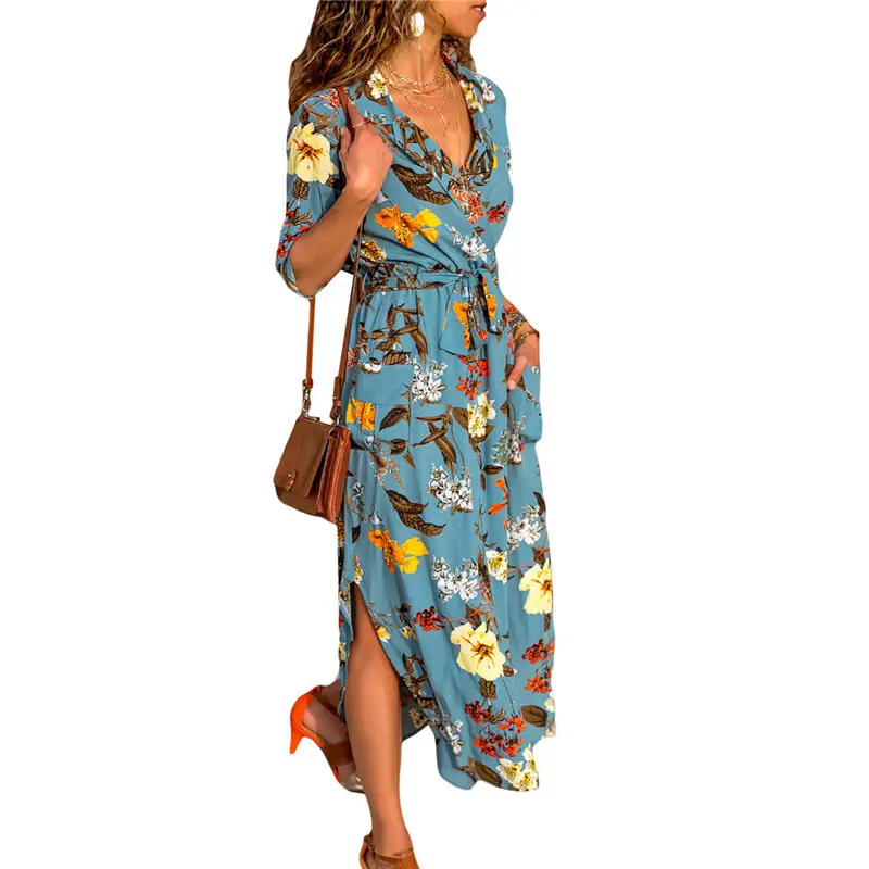 Long Sleeve High Waist Printed Casual V-Neck Beach Wear Sun Dresses For Women Summer Dresses