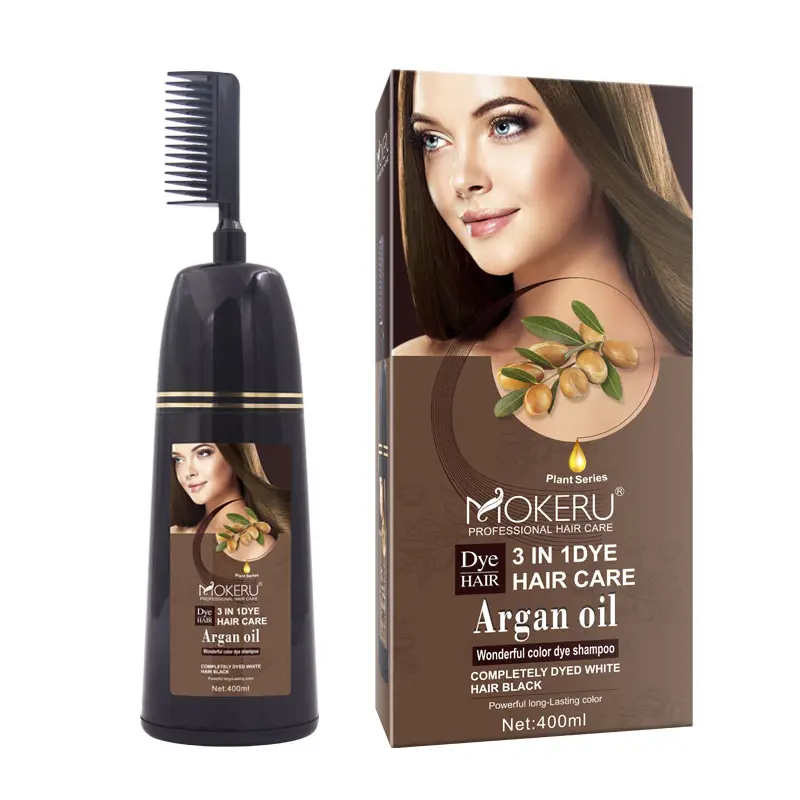 Pente de shampoo de moda Mokeru 3 em 1 para cabelo, creme de cor de óleo de argan 400ml, castanho claro, aceita por OEM para tingimento doméstico