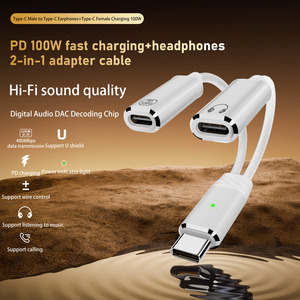 Cable de nailon para auriculares 2 en 1 PD 100W Tipo-c macho a tipo C hembra Cable de datos corto Conector de audio de sonido Hi-Fi para almohadilla de teléfono - Product Image 2