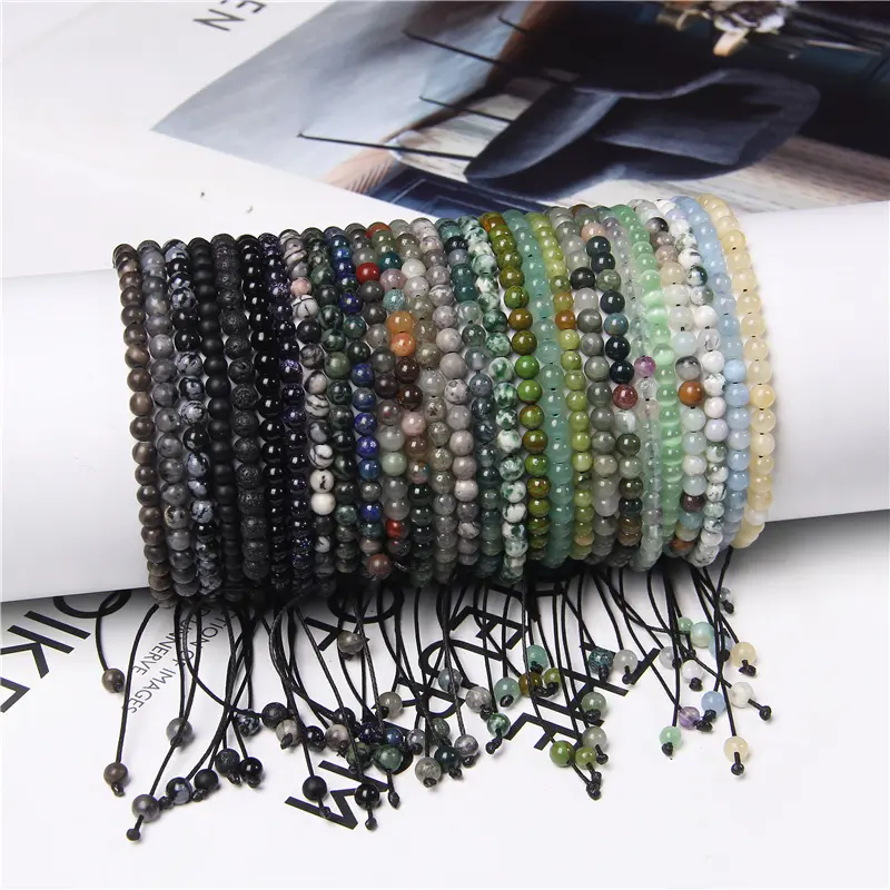 Pulseira de contas, moda homens mulheres 40 tipos artesanal tecido stretch ajustável pedra de energia 4mm bracelete de contas pequenas