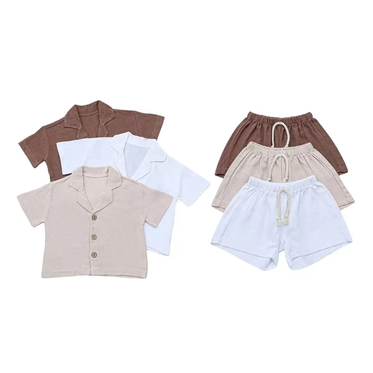 Комплекты одежды из льна и хлопка для малышей, летняя одежда с коротким рукавом в стиле унисекс для младенцев, шорты на бретелях, одежда для маленьких мальчиков