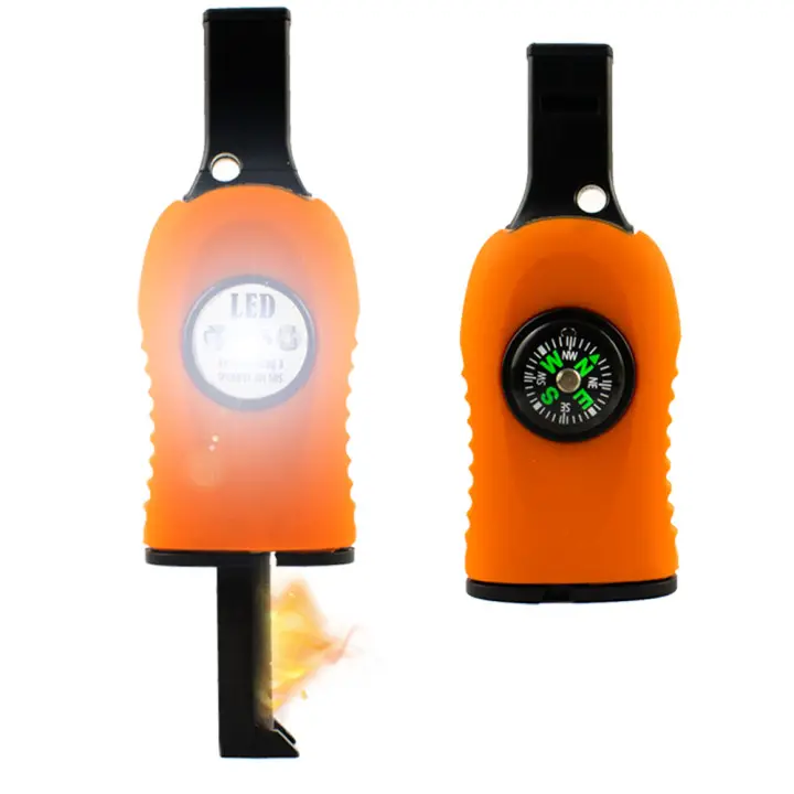 Sifflet multicolore pour camping en plein air, briquet de silex, boussole de survie à LED, bâton de feu multifonctionnel