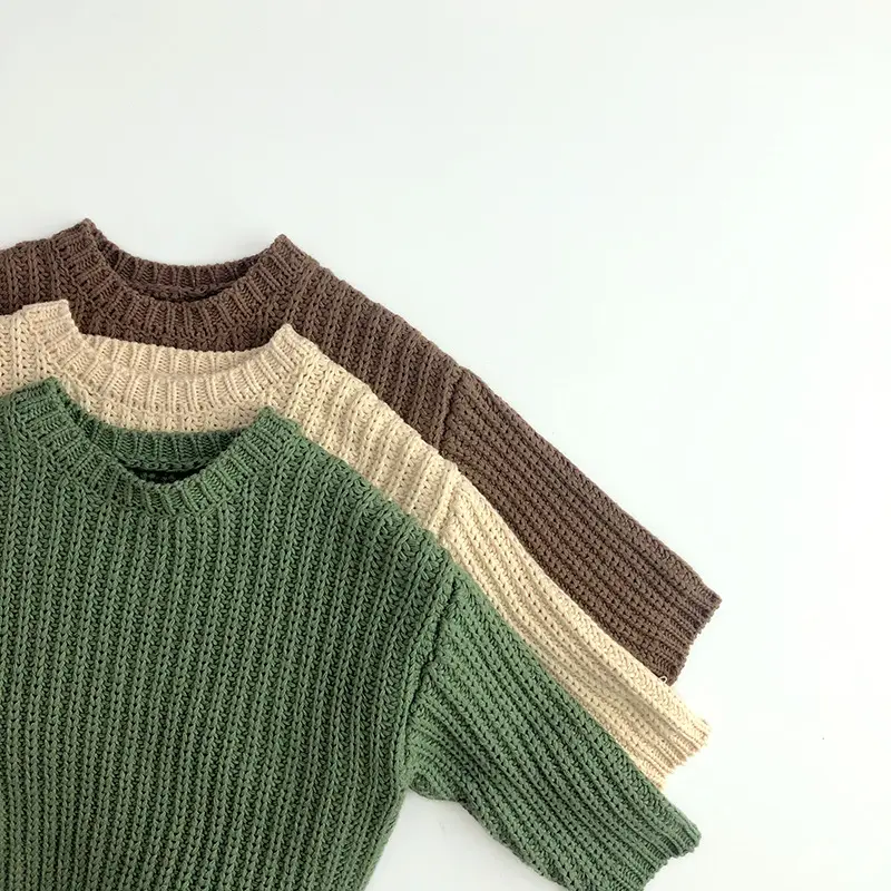 도매 RTS 가을 겨울 아기 단색 손으로 만든 두꺼운 니트 스웨터 크루 넥 풀오버 아기 인과 스웨터