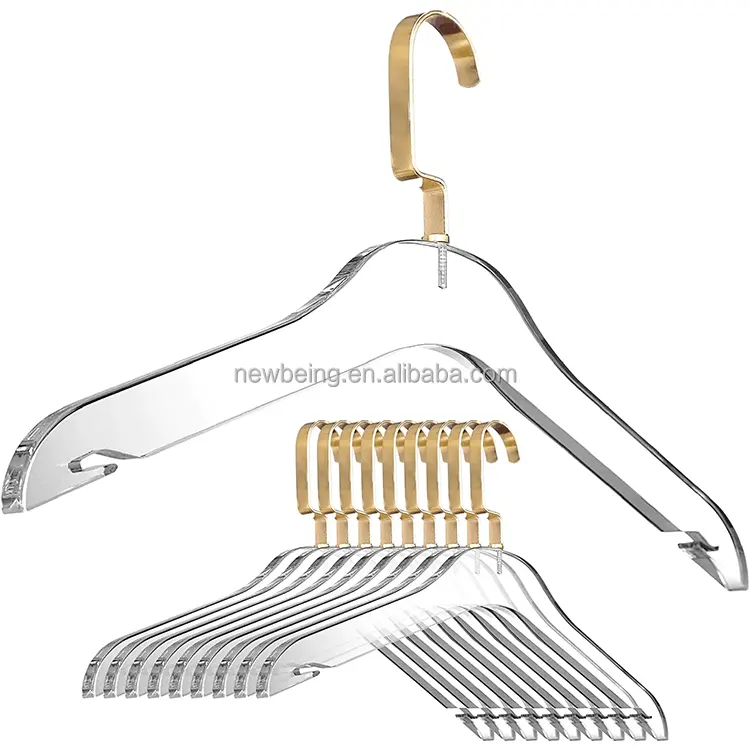 Transparent acrylic clothes hanger-fashion heavy wardrobe storage rack with gold chrome plated steel hook shirt and dres