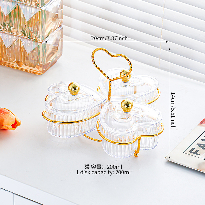 Transparent 3-compartment heart-shaped plate holder with gold beads