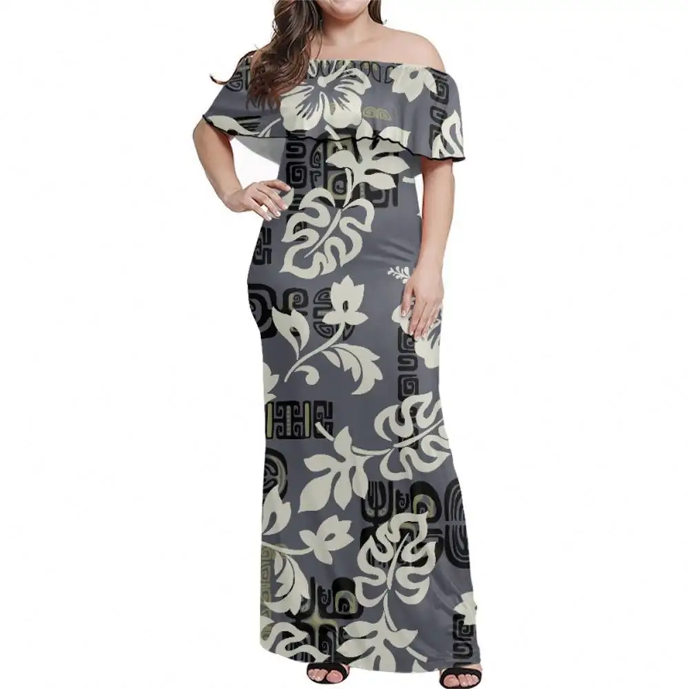 कस्टम ग्रे फूल ऑफ शोल्डर ब्राइड्स ड्रेस पॉलिनेशियन जनजातीय कपड़े सेक्सी नाइट रैप ड्रेस बॉडीकॉन ट्यूब स्ट्राइप्स ड्रेस लंबी