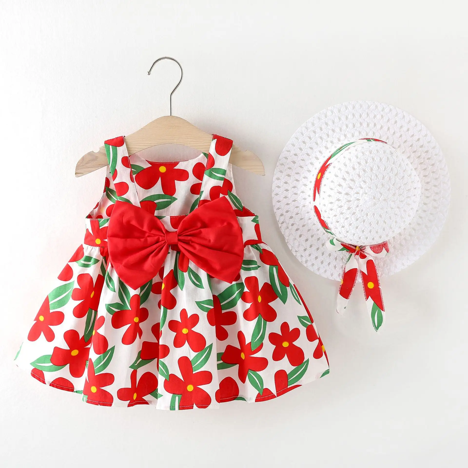 Été imprimé floral bébé filles porter quotidien décontracté arc applique avec chapeau infantile bébé robes
