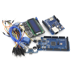 Kostenloser Versand Mega 2560 r3 für Arduino-Kit + HC-SR04 + Broadcast-Kabel + Relay-Modul + W5100 Schild + LCD 1602 Tastaturschild