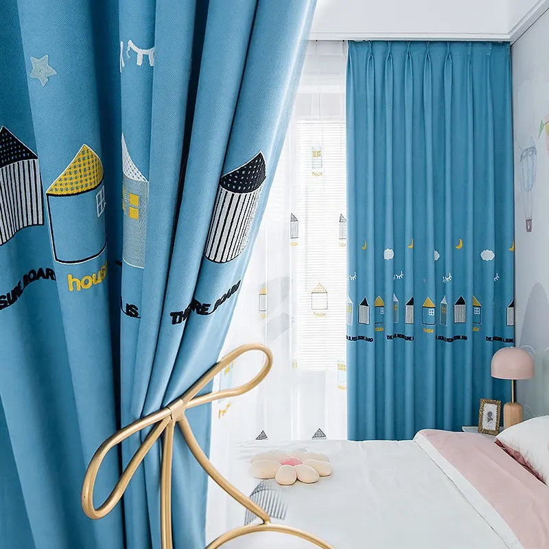 Modern Finished Cartoon Drapes Small House Embroidered Cartoon Thermal Blackout Curtains For Children's Room