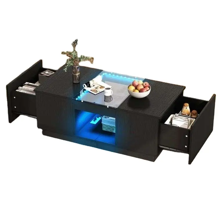 39 Inches Modern Rectangular Two Side Drawers Coffee Table With LED Light And Charging Plug