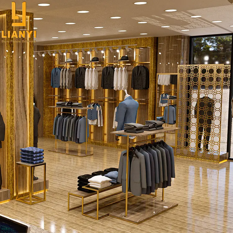 Vestuário Showroom Men Suit Store Design de interiores Ouro Prateleira de parede High-end Roupas Display Stand