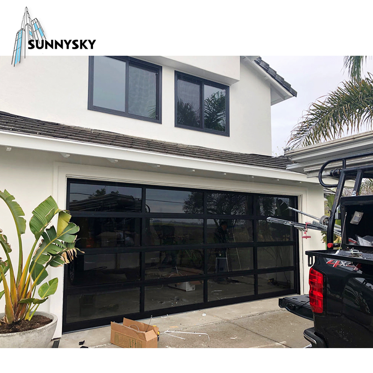 Mordan design black color frame tempered glass garage door