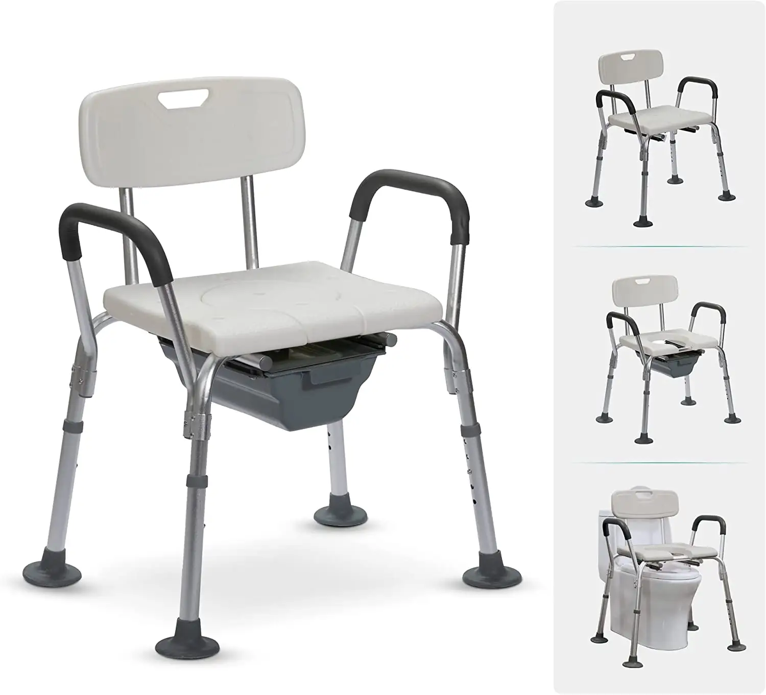 Chaise de douche 4 en 1 avec accoudoirs et dossier Chaise d'aisance pour toilettes Rails de sécurité et siège de toilette surélevé avec antidérapant