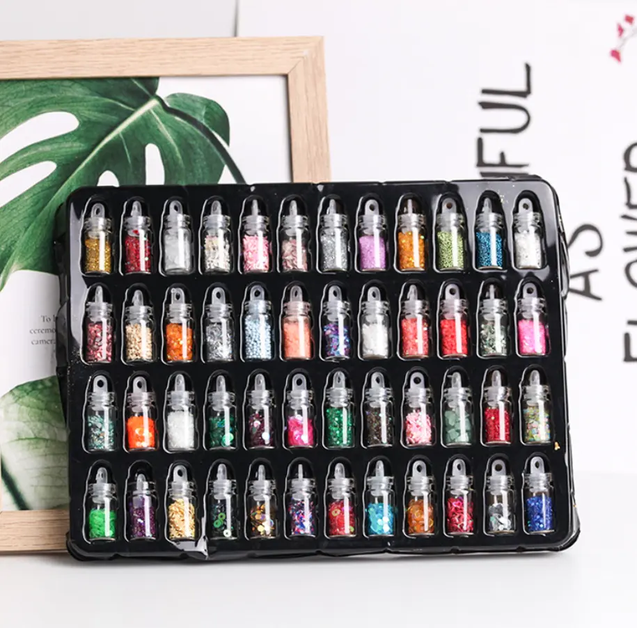 48 renk cam küçük şişe Nail Art Glitter çıkartma seti karışık stil Glitter yuvarlak pullu yıldız kalp tırnak tozu süslemeleri