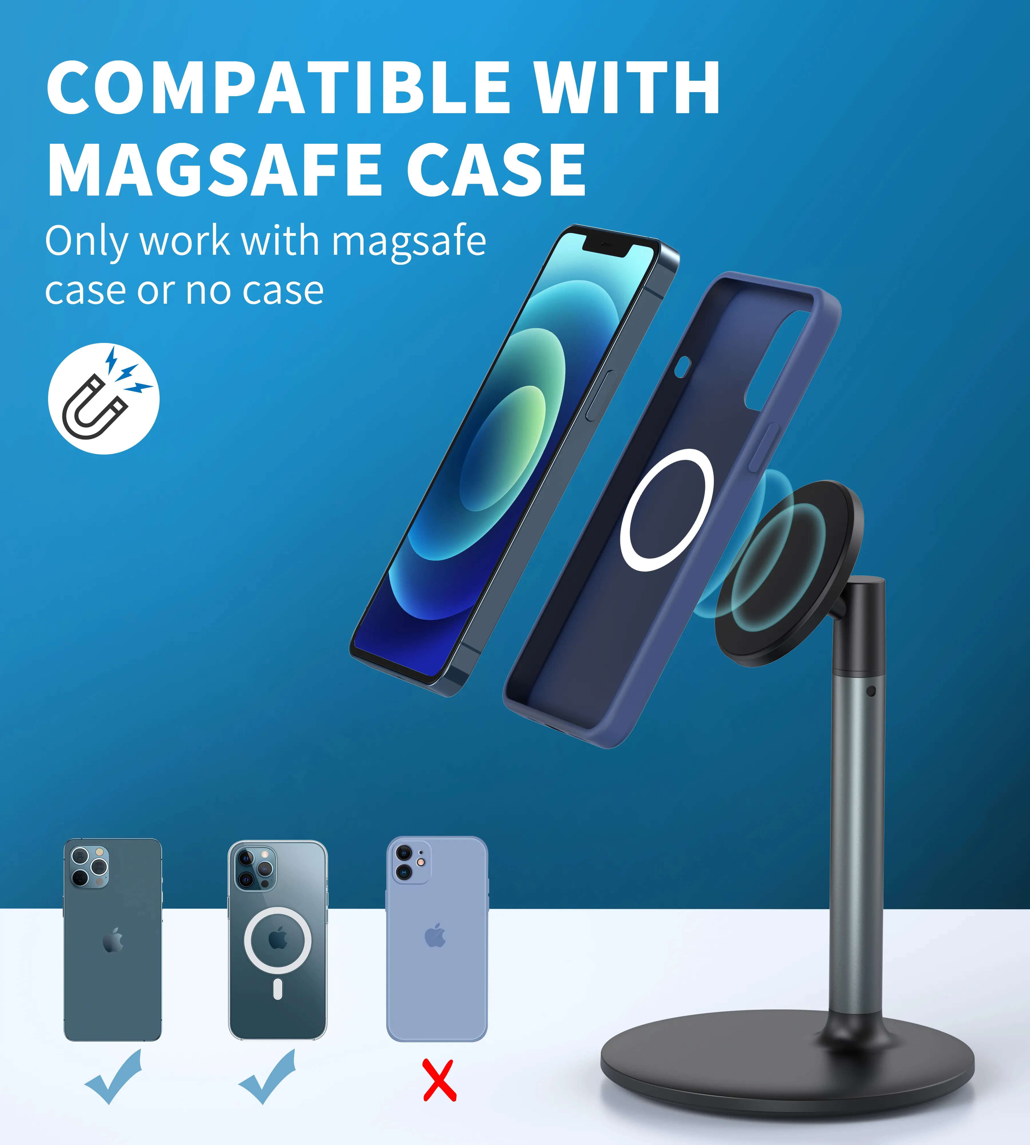 iPhone 15 सीरीज के मोबाइल फोन के लिए ऊंचाई समायोज्य धातु पोल के साथ 360 डिग्री रोटेशन फोन स्टैंड चुंबकीय डेस्क फोन धारक
