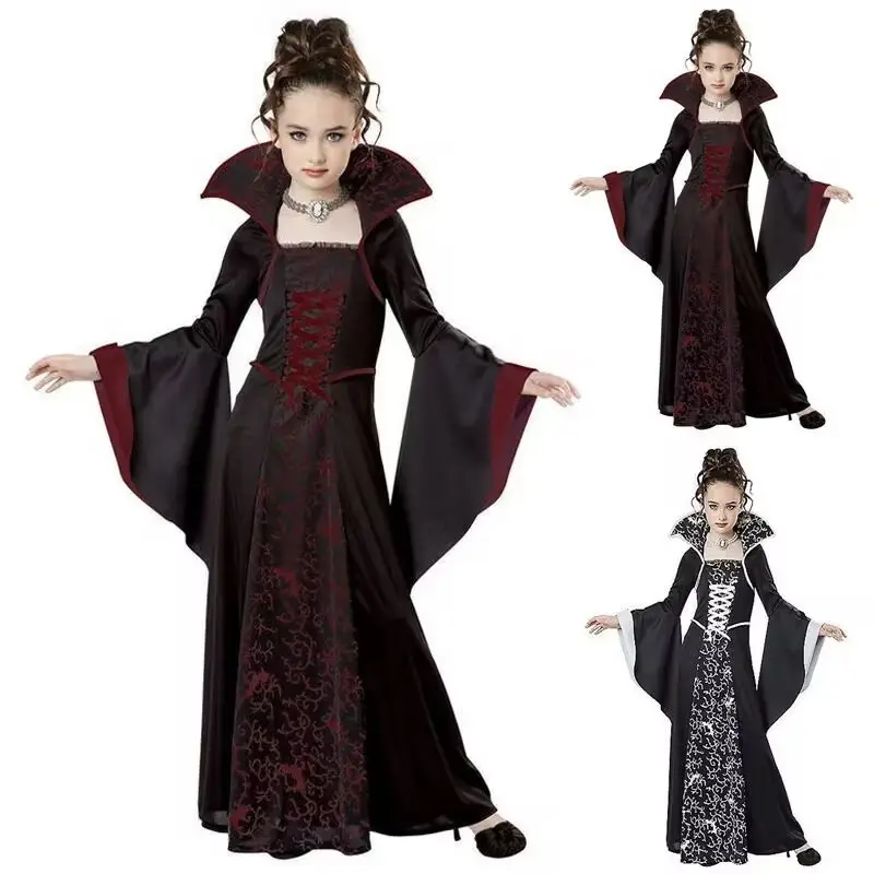 Borgoña europeo y americano nuevo Halloween niños ropa bruja corsé vestido Medieval Vintage encaje hasta manga acampanada impreso