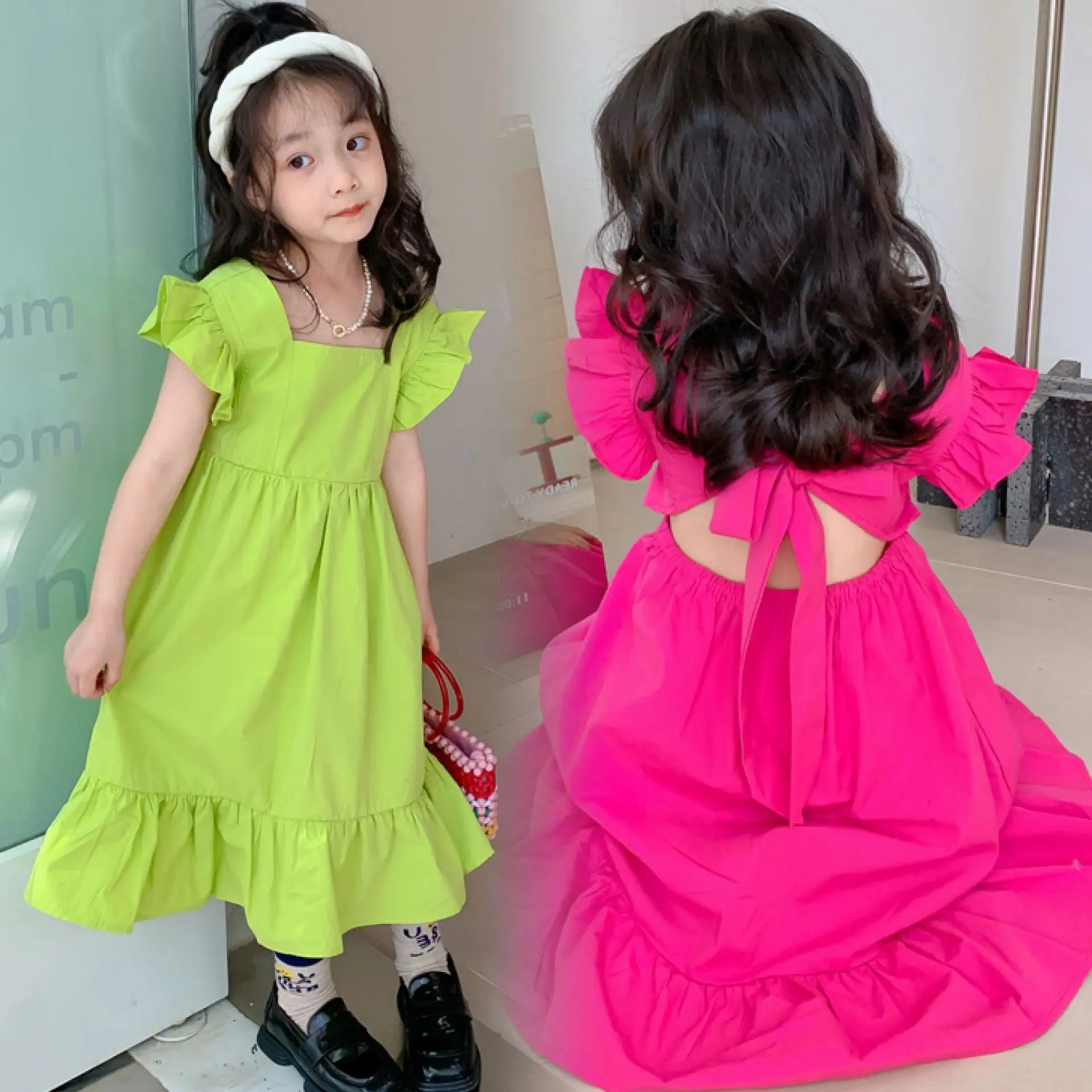 Rts 2024 Rắn Màu Sắc Dresses Mới Nhất Công Chúa Cô Gái Váy Dresses Mùa Hè Trẻ Em Trẻ Em Mini Trẻ Em Dresses