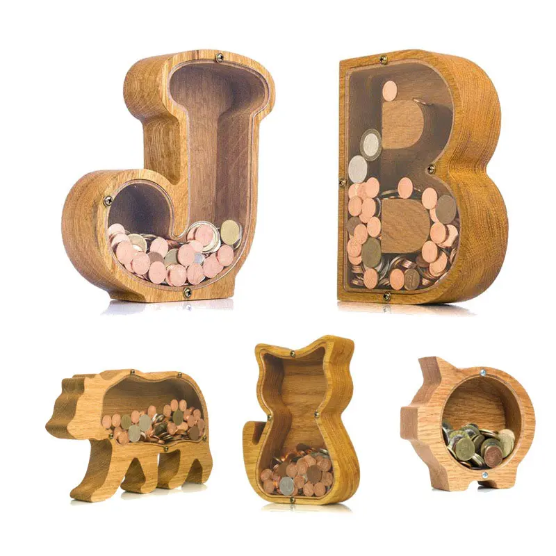 Coffre-fort en bois pour enfants, tirelire transparente et personnalisée, motif lettres de cochon, chat, à pièces de monnaie, vente en gros, 2019