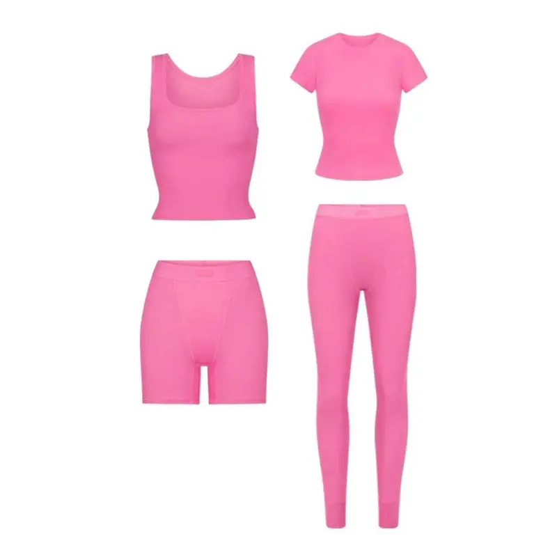 Custom Logo Women Sets Two Piece Lounge Wear Set for Women Cotton Ribbed Leggings and Crop Top Sets Bodysuit Loungewear