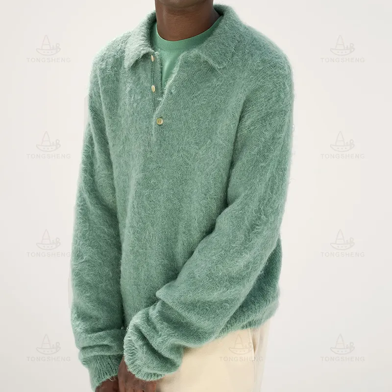2024 Fabricantes de prendas de punto de algodón para hombre Botón personalizado Suéter de mohair de punto verde de gran tamaño para hombres