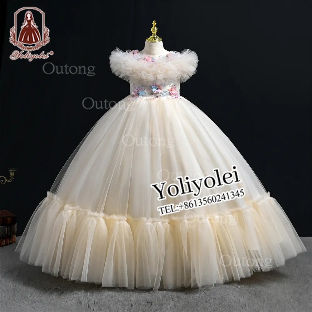 Vente en gros Robes sans manches en tulle multicouches pour enfants Robe de fête longue élégante avec appliques pour gâteau d'anniversaire pour enfants