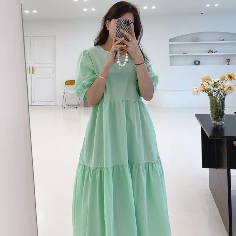 Boutique-Vestidos informales holgados con mangas abombadas en capas para mujer, vestidos de verano, color verde menta, cuello redondo, estilo coreano elegante, venta al por mayor, 2022