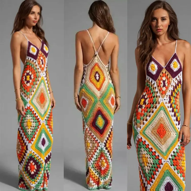 FRX Y8108 Women's Summer V-neck Long Dress Sleeveless Beach Suit with Printed Decoration Casual Hand Crochet Knitted Cotton Sexy