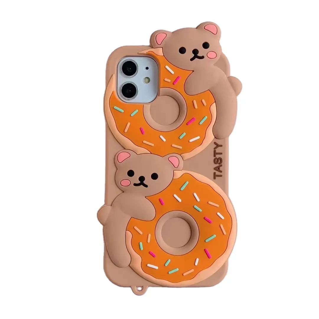 Casing Ponsel Kartun Beruang Donat Lucu 3D, Casing Penutup Belakang Lunak Liontin Cincin Kunci 2020 untuk iPhone 13 12 11 Pro XS Max 7 8 Plus SE