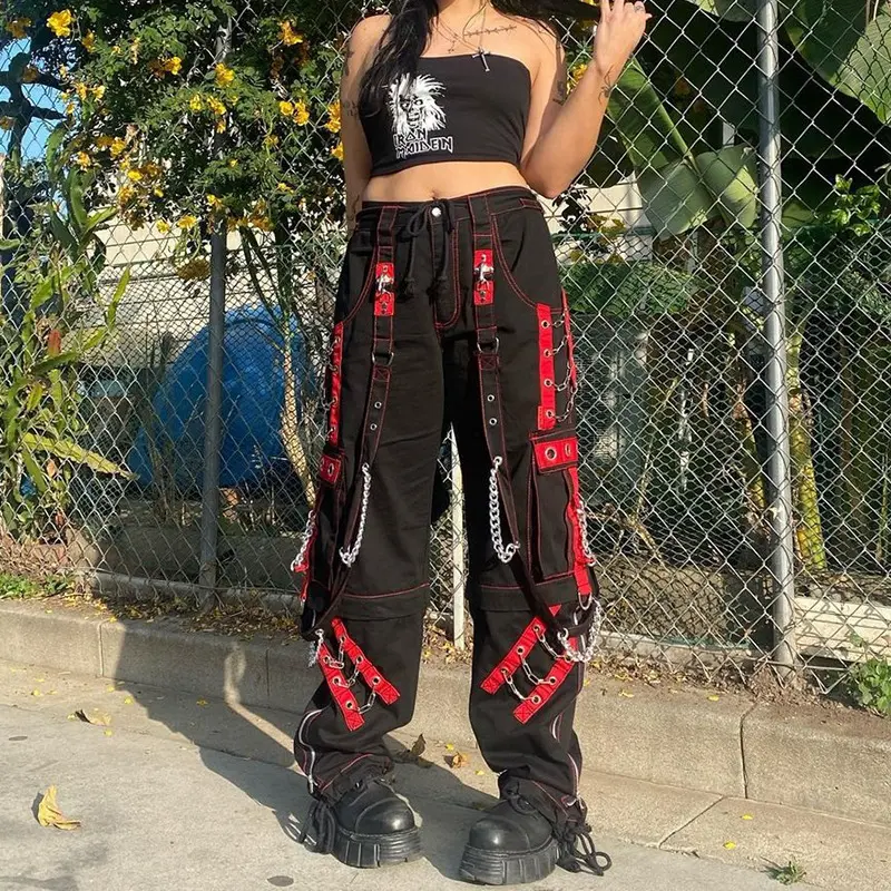 Gótico cadena vendaje pantalones de pierna ancha de las mujeres de gran tamaño de baja altura oscuro académico pantalones Streetwear 90s Baggy pantalones estilo Punk