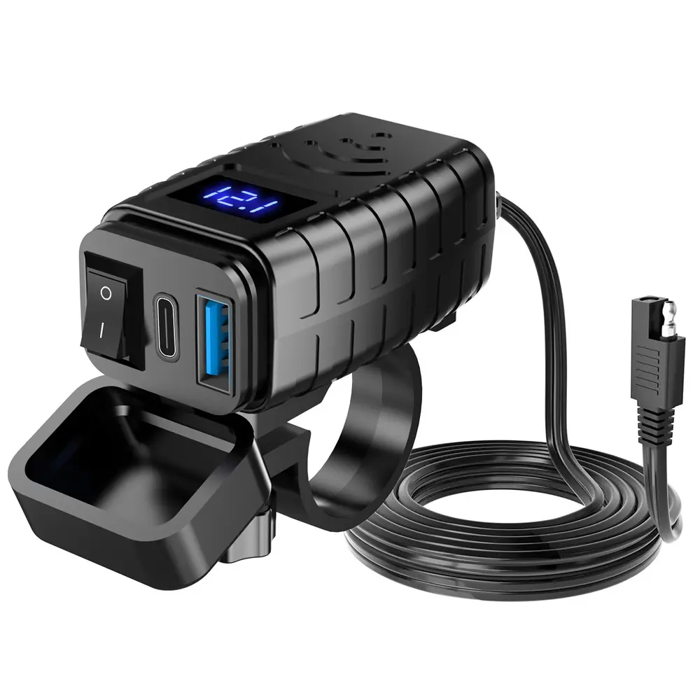 Envio rápido 12V motocicleta SAE para USB dual port PD + QC3.0 carregador de telefone adaptador de alimentação com voltímetro LED e interruptor