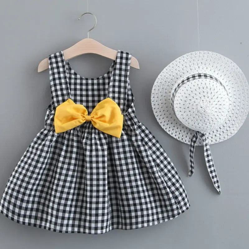 Baby Girl Dress Print Plaid Bow Summer Princess Party Dress Infant Toddler Clothes Newborn Baby Dress+Hat 2pcs Kids Clothing Set