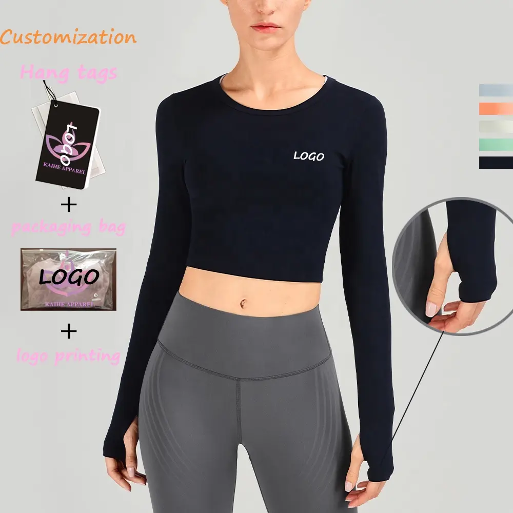 Frauen Solid Blank Crop Tops Langarm Yoga Athletic Gym Workout Shirts Kurz geschnittene Sweatshirts Casual Bluse Top Mit Daumenloch