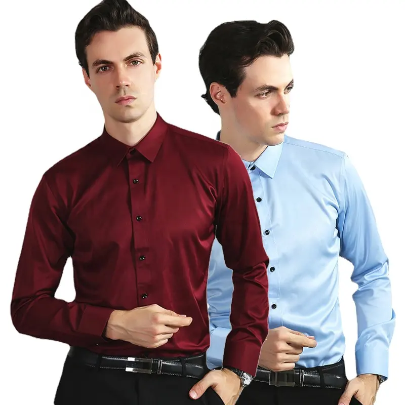 Camisas de esmoquin sin botones de hierro para hombre, ropa de oficina antiarrugas elástica, ajustada, camisa de puño francés, ropa Formal