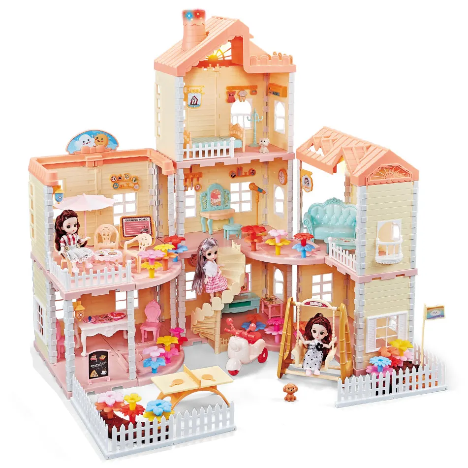 Kit de casa de muñecas grande para niños y niñas, juguetes de simulación, casa de muñecas de ensueño de madera, muebles, accesorios