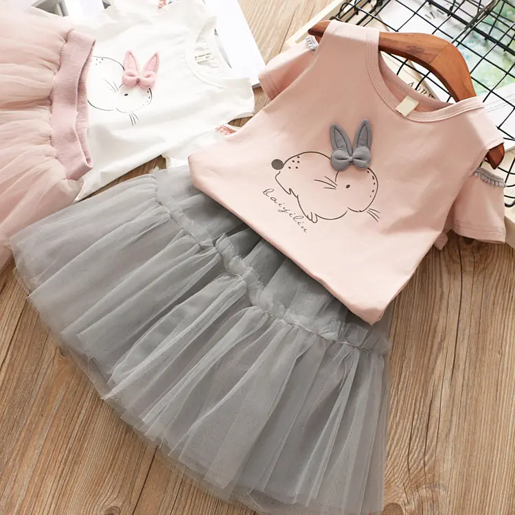 Комплект одежды для девочек, футболка без бретелек с коротким рукавом и пышная юбка с мультяшным кроликом