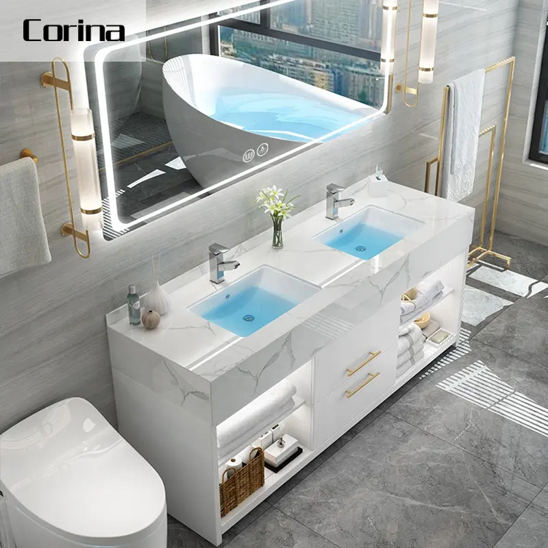 Guangzhou fornitore della fabbrica mobiletto del bagno parte superiore di vanità bagno in pietra artificiale vanità con top