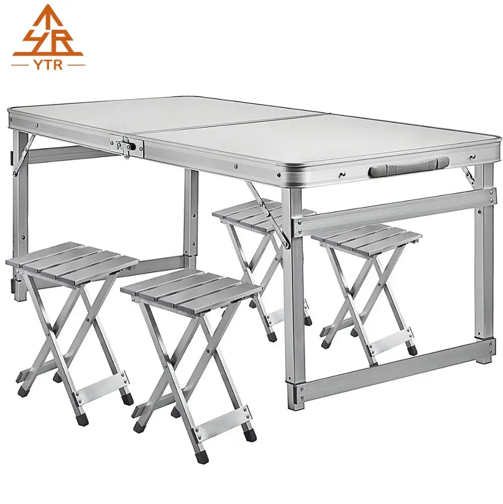 Alumínio Folding Picnic Tabela com 4 Bancos 4 Pessoa Altura Ajustável Portátil Camping Mesa e Cadeiras Set for Office Garden