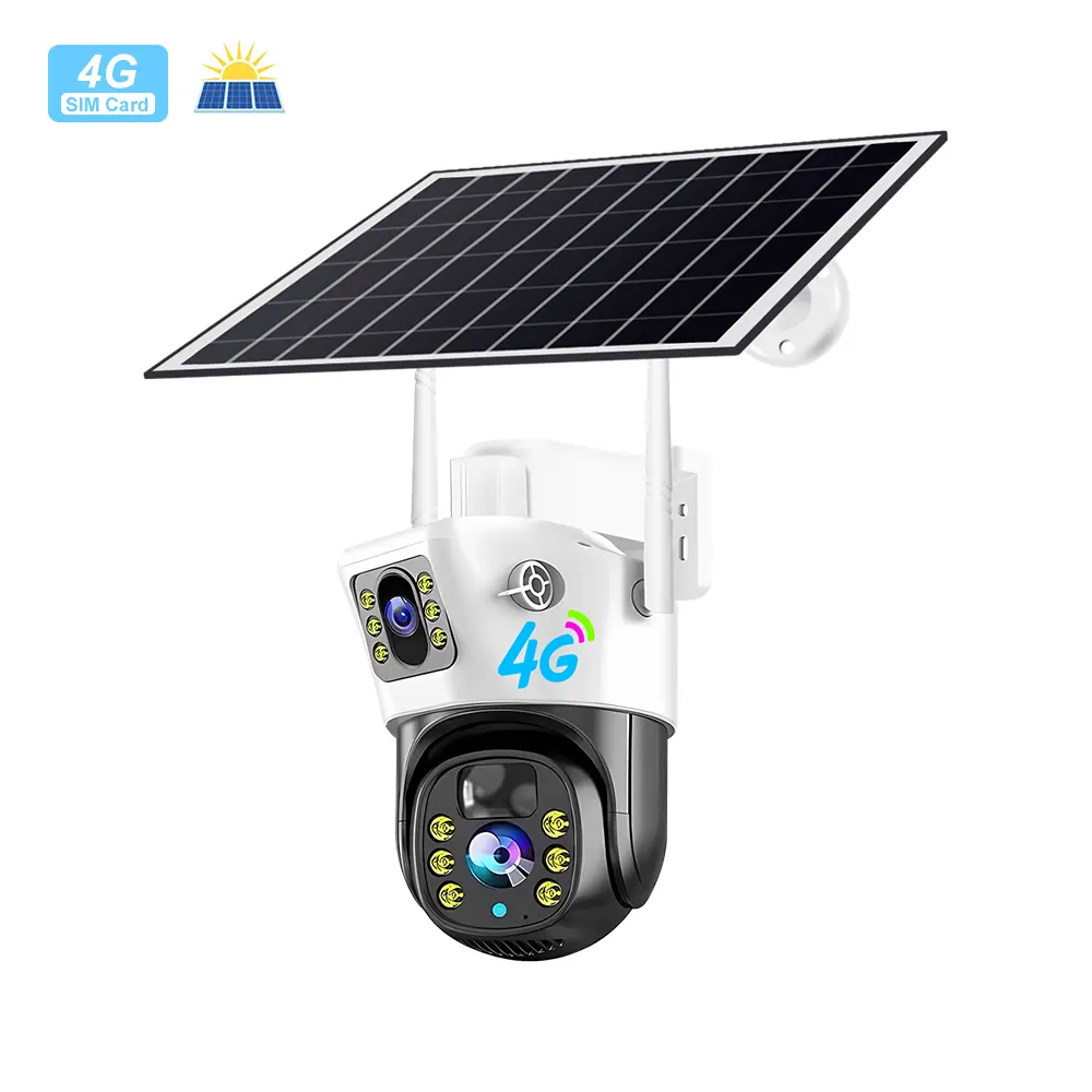 Caméra de sécurité solaire V380 4G WIFI 2K à double objectif Caméra de surveillance extérieure IP sans fil Caméra PTZ