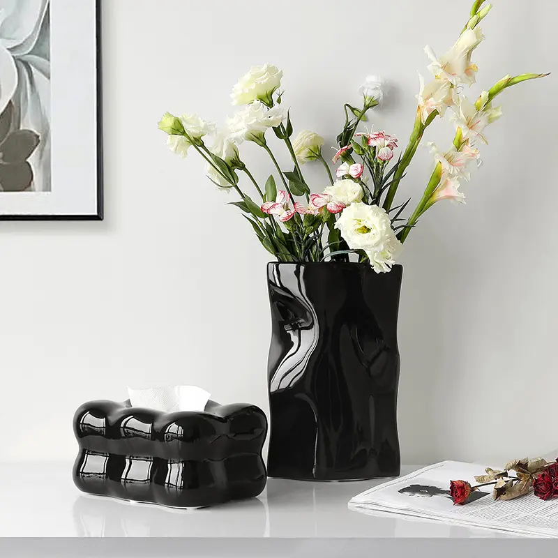 2023 nuevo jarrón de bolsa de papel plisado decoración creativa del hogar jarrón de cerámica grande