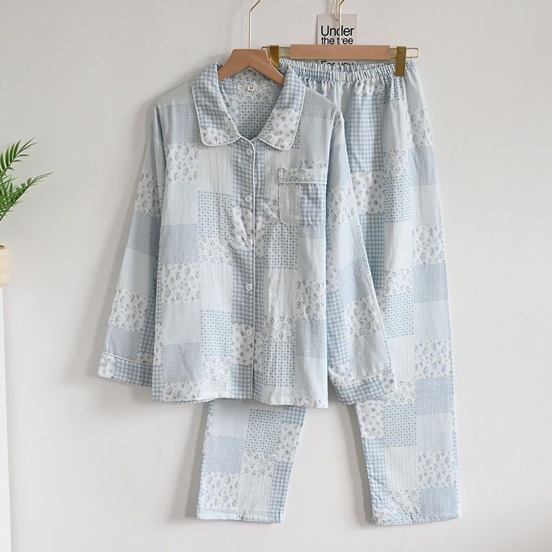 Lapel long-sleeve light blue plaid floral print