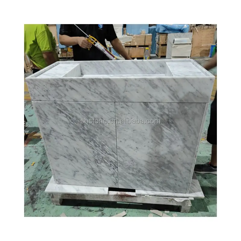SHIHUI, muebles de piedra personalizados, armario de tocador de baño de un solo fregadero de mármol blanco Cararra independiente