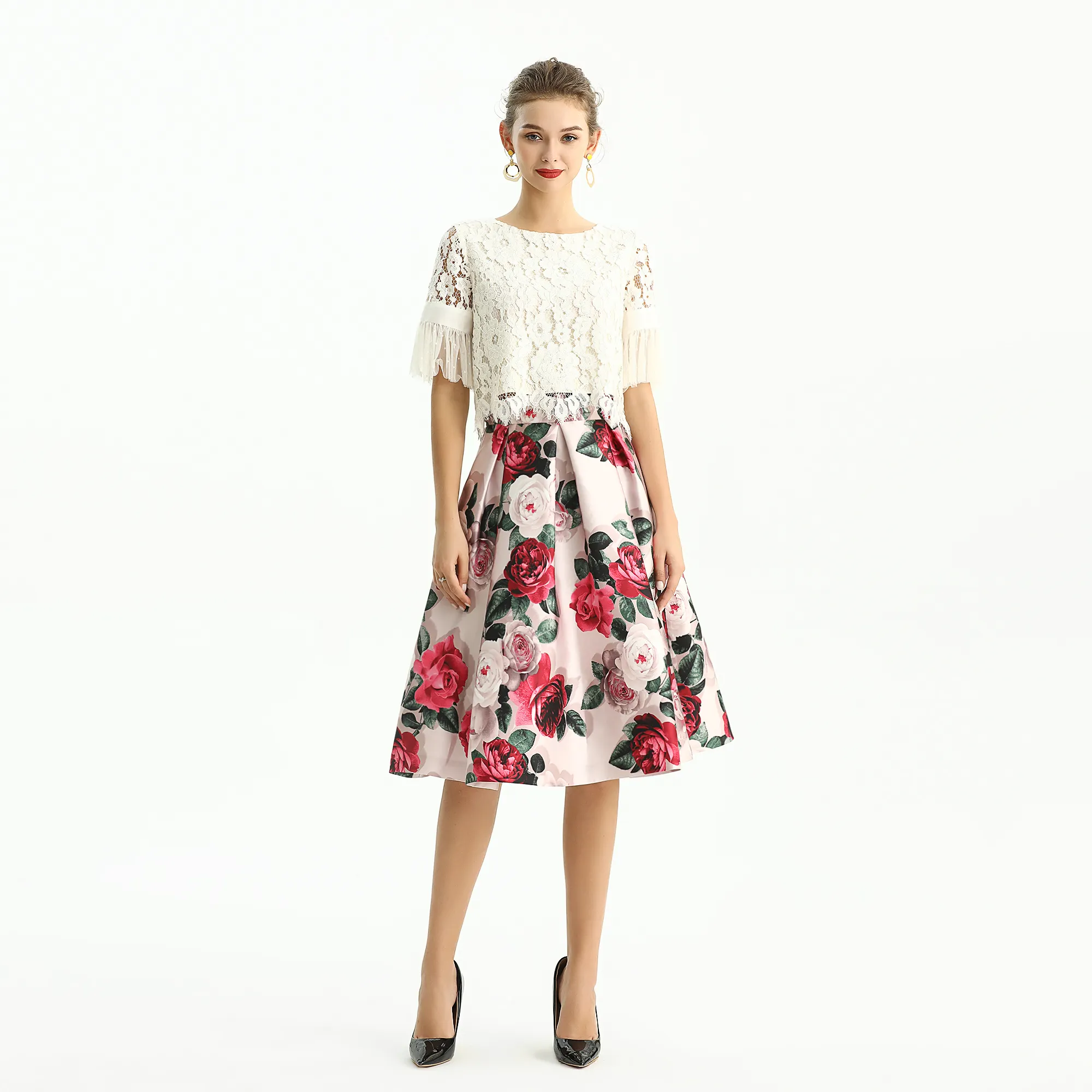 S137 Summer Autumn Fall High Quality Fashion Elegant floral woven knee short length Women Girl Skirts