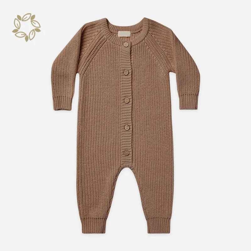 Mamelucos de suéter de bebé con botones, ropa de bebé Natural, mono de bebé de manga larga con gofres, mameluco de punto de algodón orgánico para bebé