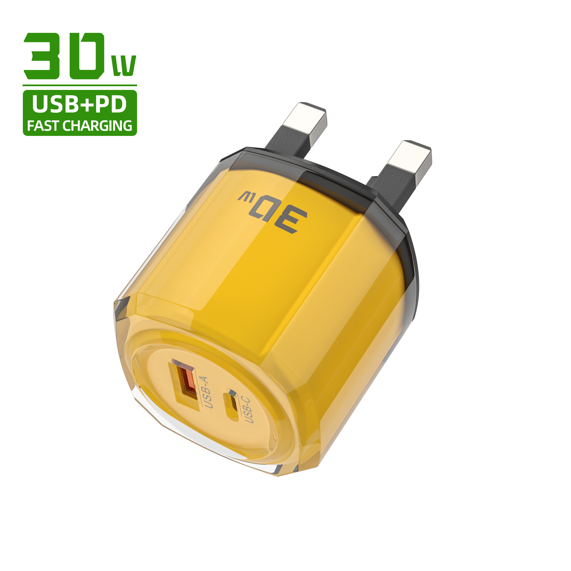 Cargador y cable y caja amarillos