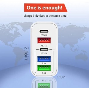 65W PD Fast Charger EU US UK 2 Type-c 3 <strong>USB</strong> 5 Five Port <strong>Multiple</strong> <strong>Output</strong> <strong>Adapter</strong> Mobile Phone Travel Wall Charger for macbook - Product Image 3