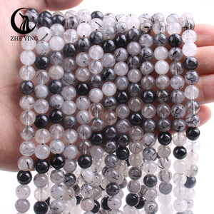 Zhe Ying 100% Tourmaline Quartz Beads Loose Stone Quartz <strong>Black</strong> Tourmaline Bead Bracelet Natural <strong>Black</strong> Rutilated Quartz Beads