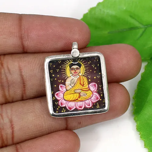 Latest Collection Buddha Painting Pendant Solid 925 Sterling Silver Jewelry Miniature Buddhism Pendant Boho Gift Pendant
