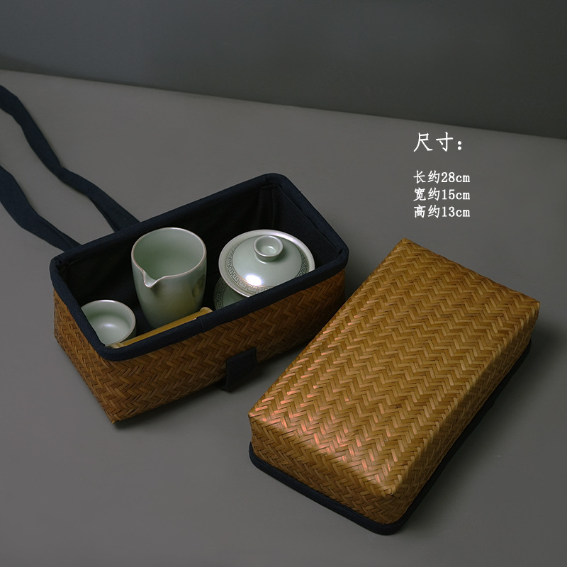 Caja de almacenamiento para juego de té tejida en bambú con tapa