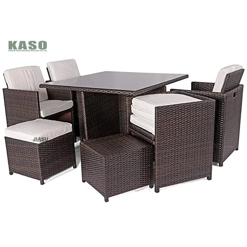 Sofá de mimbre para exteriores, conjunto de muebles de jardín con mesa de vidrio templado, 11 asientos